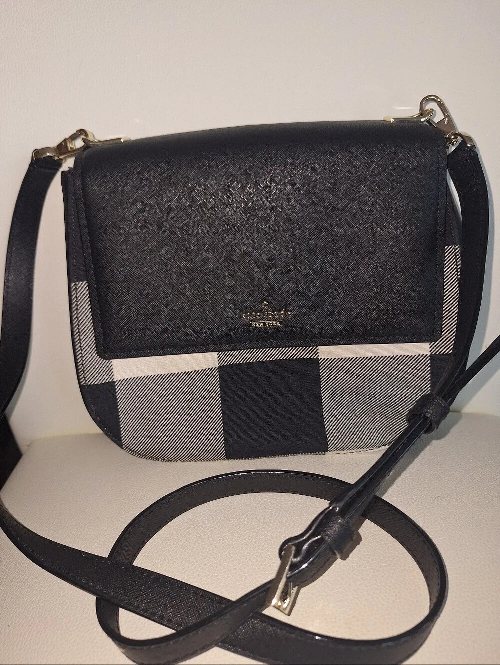 Kate Spade Black & Cream Cameron Street Plaid Crossbody Bag EUC